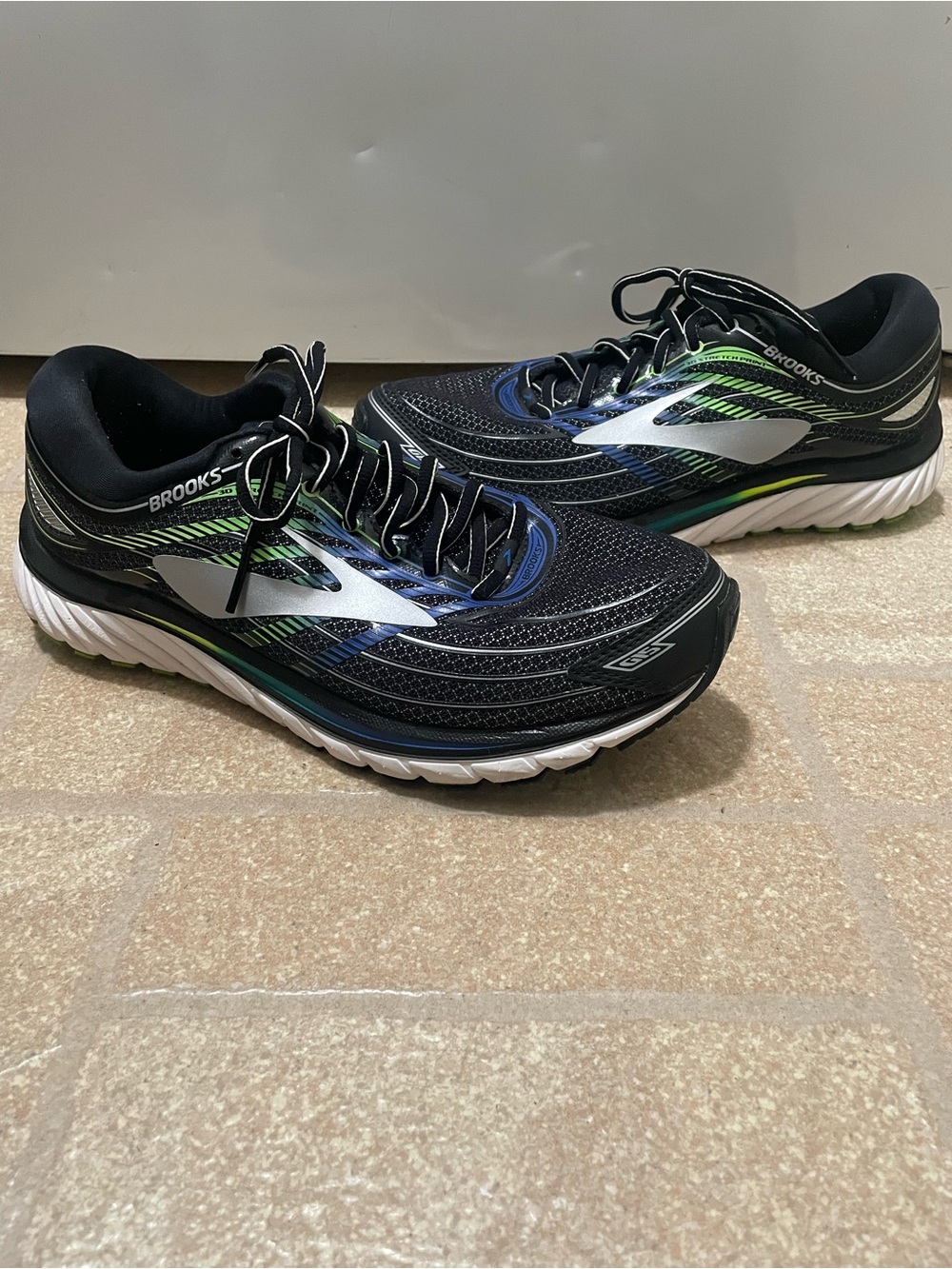 Brooks Glycerin 15 Mens Size 9.5 Black White Blue Walking Running Shoes Sneakers